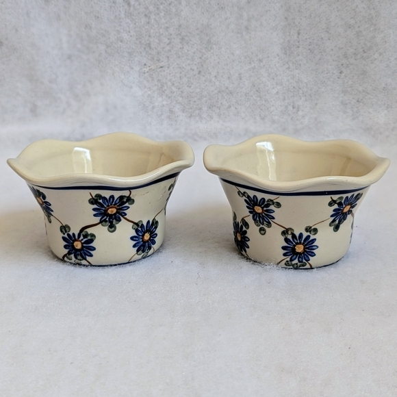 Polish Pottery Tealight Candle Holders with Blue, Yellow, & Brown Floral Design - Picture 4 of 8
